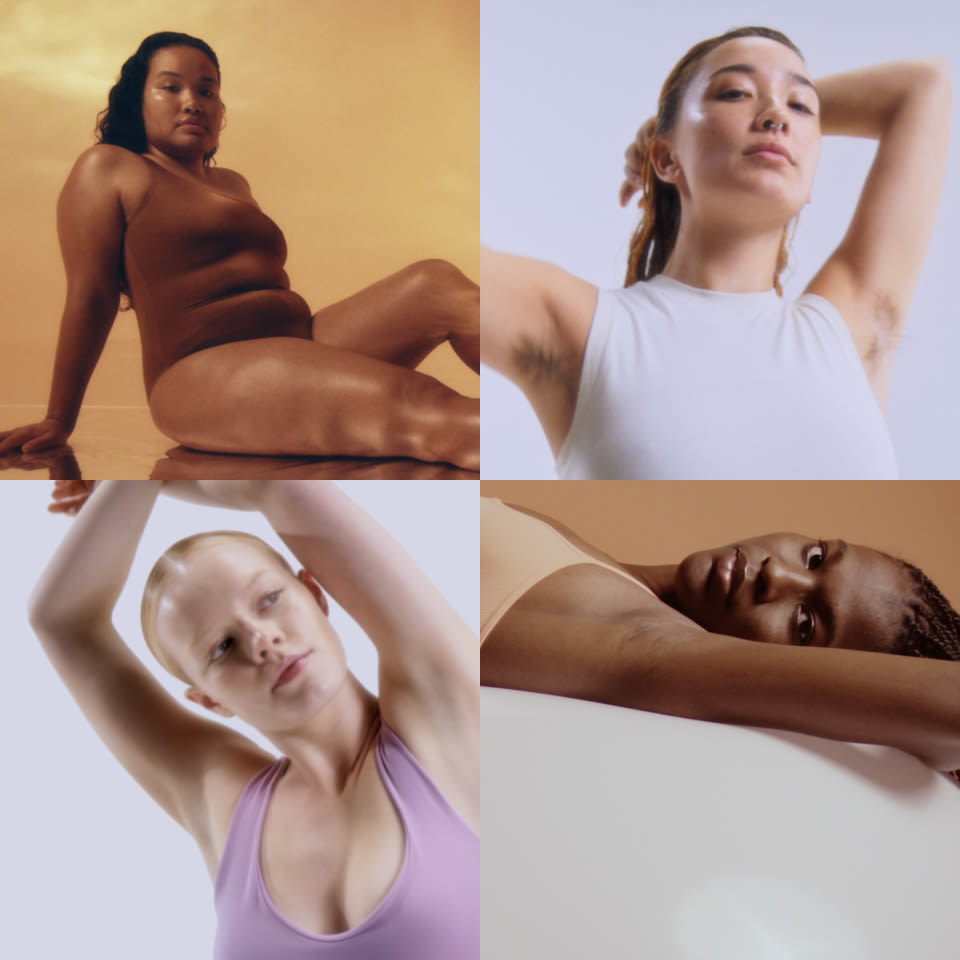 Four confident individuals pose on warm orange to cool grey backgrounds, showcasing diverse skin tones.