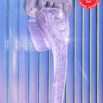 Sparkling purple razor stands upright on blue-striped background, featuring Allure’s 2024 Best of Beauty badge.